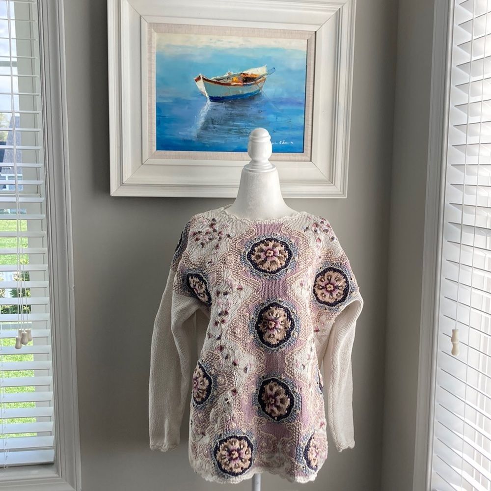 Vintage Jennifer Reed Hand Knit Embroidered Floral Winter Sweater Medium